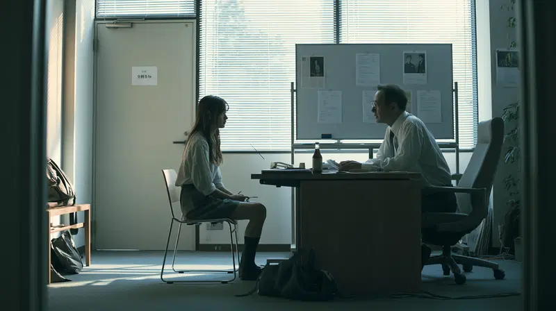 Serious conversation between a young woman and an older man in office setting