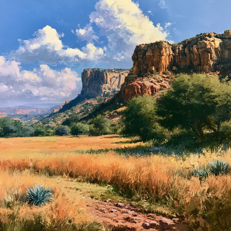 Sunlit Desert Landscape with Rocky Cliffs and Blue Sky