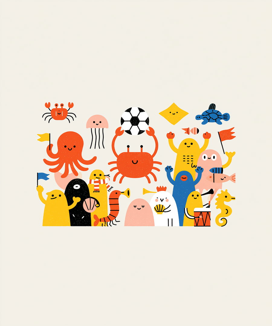 Collection of colorful, cartoon-style sea creatures and characters including octopus, crabs, jellyfish, turtle, seahorse, and other playful figures holding flags and musical instruments on a light background.