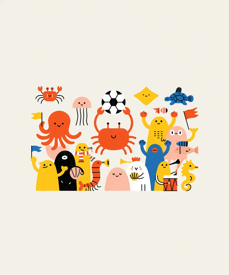 Cute colorful sea creatures and playful characters illustration