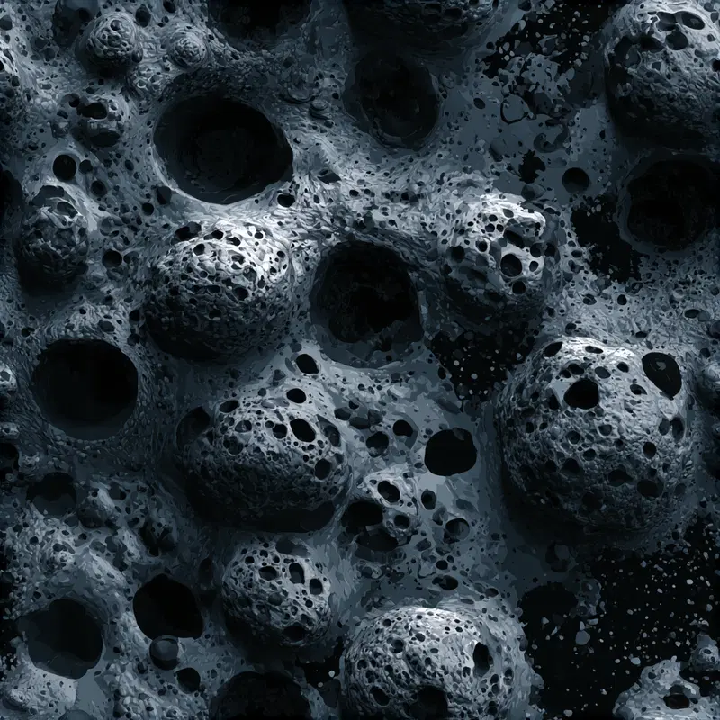 Abstract close-up depiction of porous, cratered surfaces resembling alien rock formations