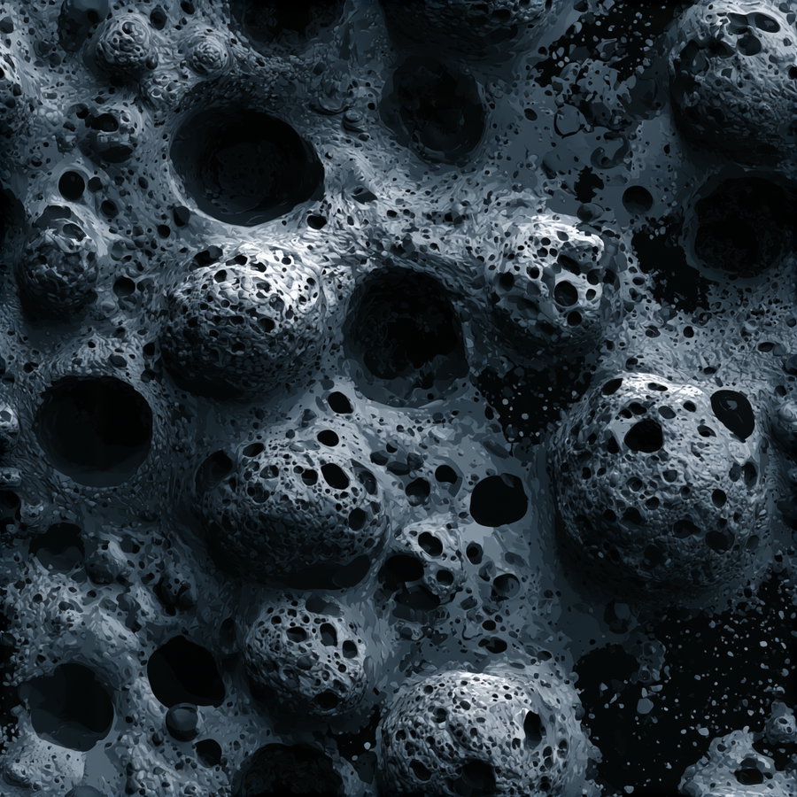 Close-up view of a textured surface with multiple porous holes and crater-like formations in dark and light gray shades