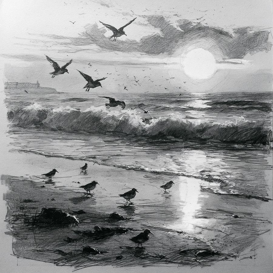 Black and white pencil sketch of a beach at sunset with the sun low on the horizon, waves crashing, seagulls flying in the sky and walking on wet sand, and a distant landform on the left side
