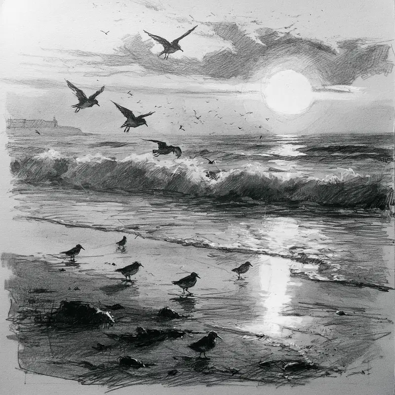 Detailed pencil drawing of a beach scene with seagulls flying and walking at sunset