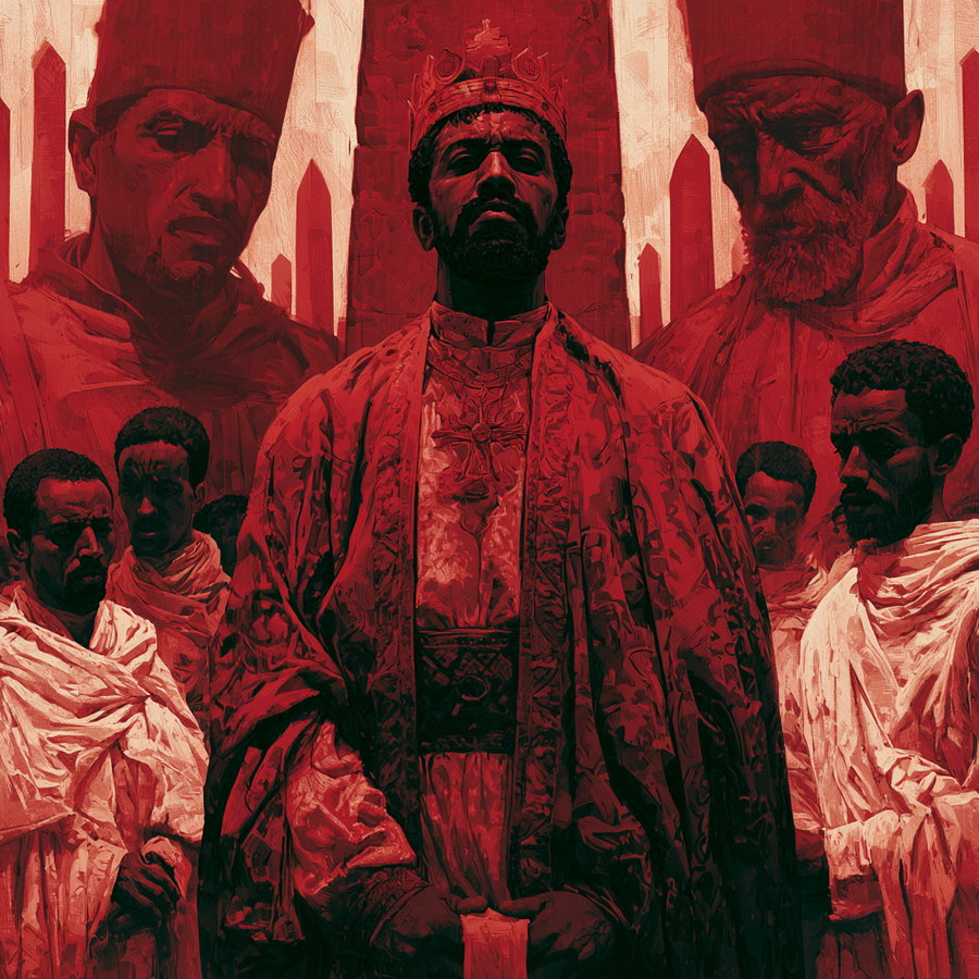 A group of serious men dressed in richly detailed red and white robes, with one central figure wearing a crown and standing in front, set against a red background with stylized vertical elements resembling pillars or structures.