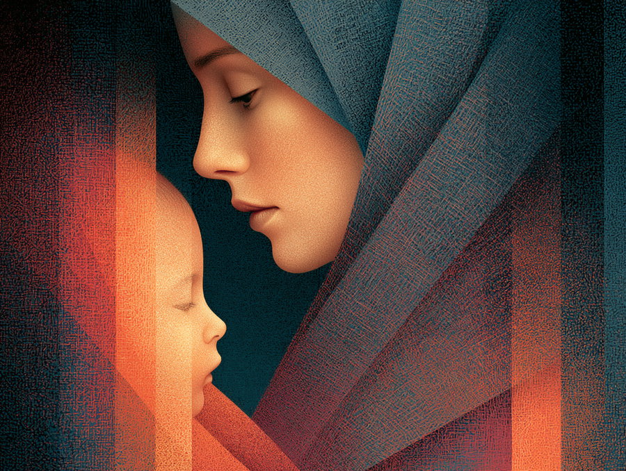 Close-up digital portrait of a woman wearing a blue textured headscarf facing a sleeping child wrapped in orange fabric against dark background