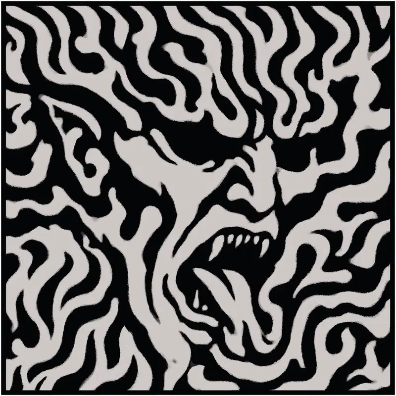 Abstract dark fantasy illustration of a fierce monstrous face with sharp teeth and tongue