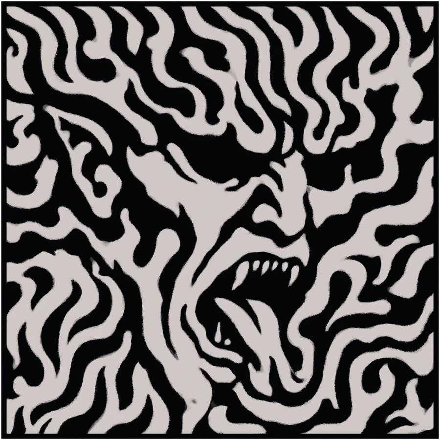 Black and white abstract drawing depicting a monstrous face with sharp teeth and an extended tongue surrounded by flowing, wave-like patterns