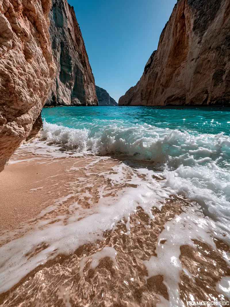 Crystal clear ocean waves crashing on a sandy beach between tall cliffs