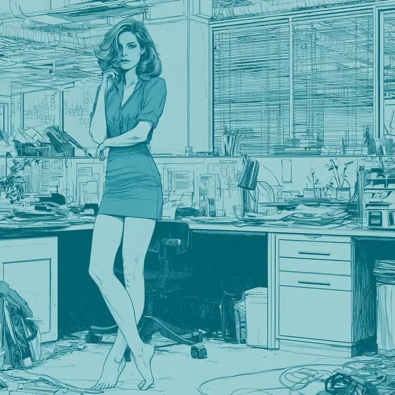 Artistic sketch of a stylish woman standing barefoot in a cluttered office space
