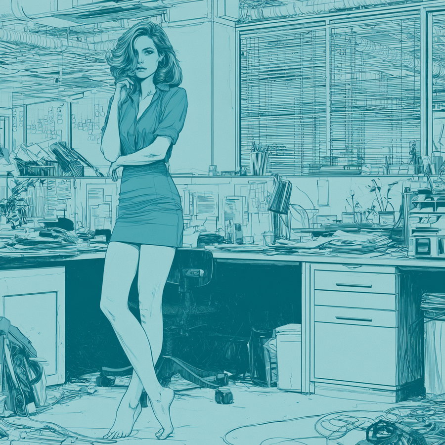 A detailed monochrome sketch depicting a woman with medium-length hair wearing a fitted blouse and short skirt, barefoot and standing with a thoughtful expression in a busy office with desks, papers, plants, and blinds.