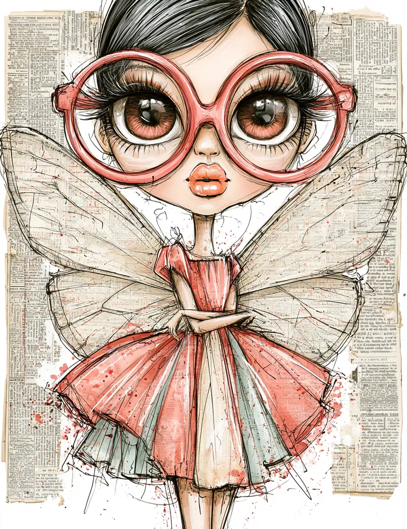 Whimsical portrait of a girl with oversized glasses and fairy wings