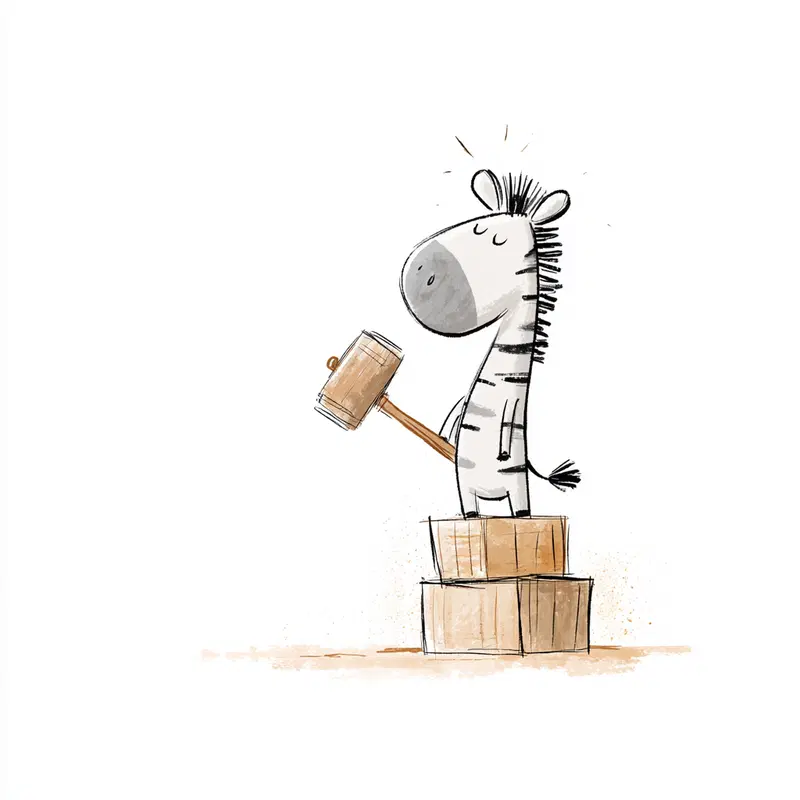 Whimsical illustration of a zebra holding a wooden mallet standing on boxes