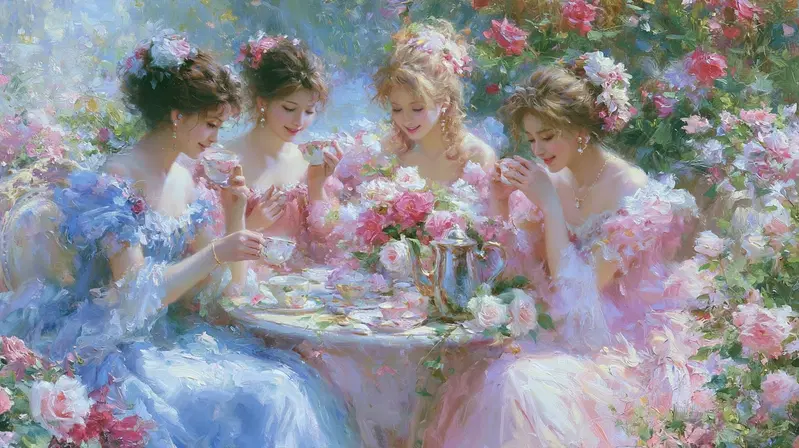 Elegant garden tea party scene with women in floral dresses surrounded by roses