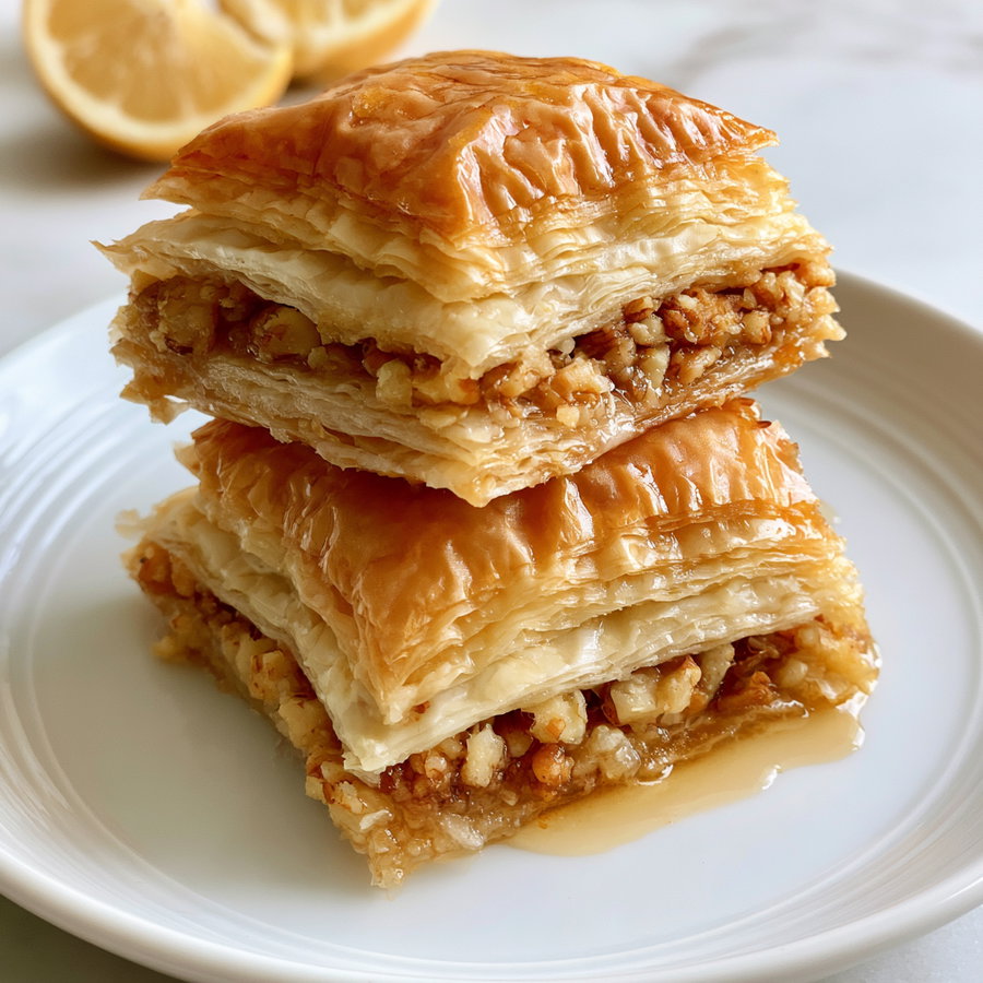 Two pieces of golden brown baklava filled with chopped walnuts, stacked on a white plate, with lemon slices blurred in the background