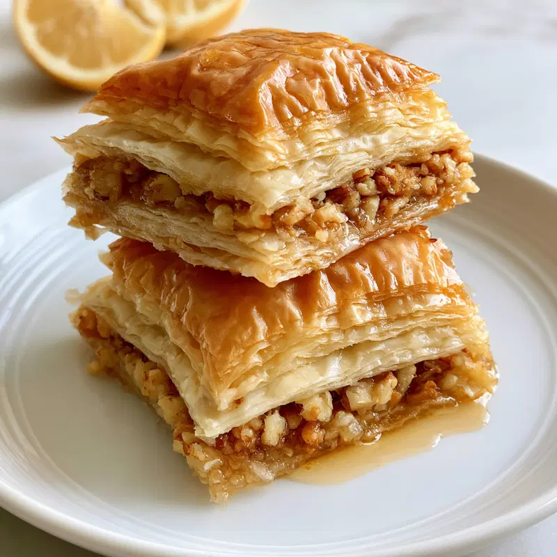 Close-up of two pieces of walnut baklava stacked on a white plate with lemons in the background