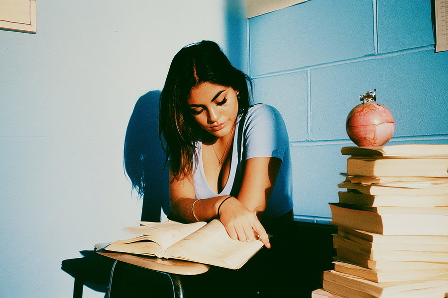 A young woman with dark hair in a light blue shirt is sitting at a desk with a blue wall behind her, reading a book. Next to her is a tall stack of books with a small globe on top.