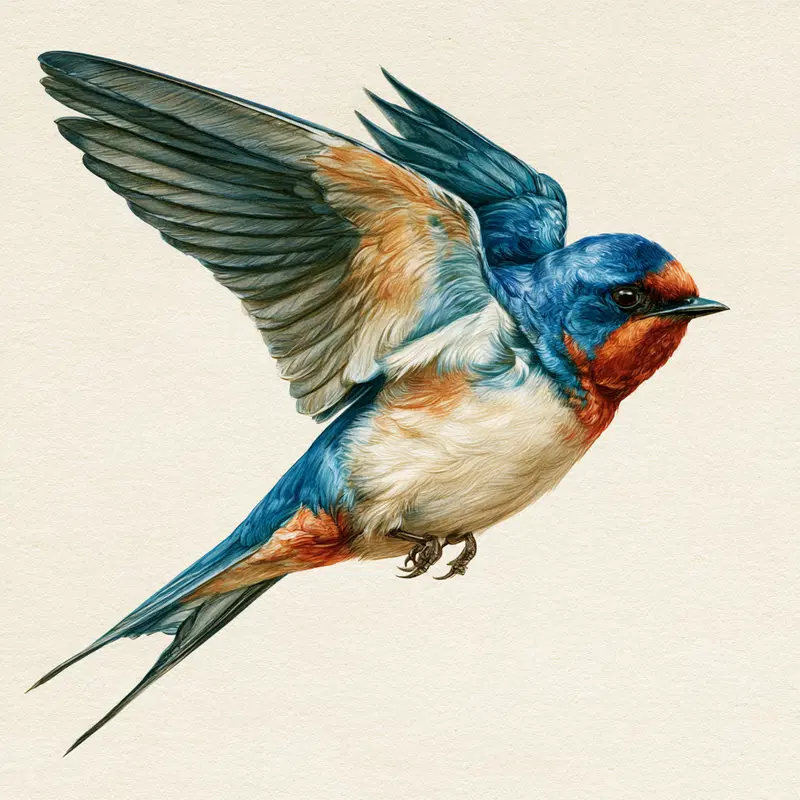 Detailed illustration of a colorful swallow bird in flight on a textured background