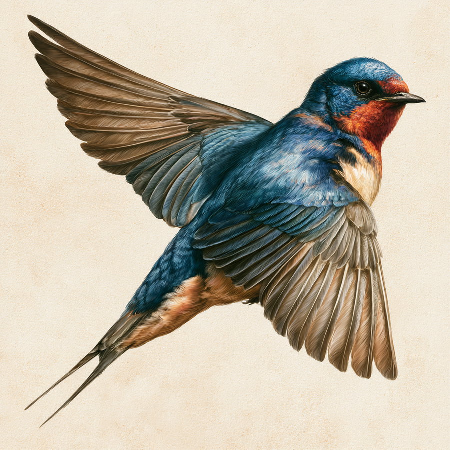 Detailed and lifelike illustration of a barn swallow bird in mid-flight with its wings spread wide, showing vibrant blue, orange, and cream feathers on a light neutral background