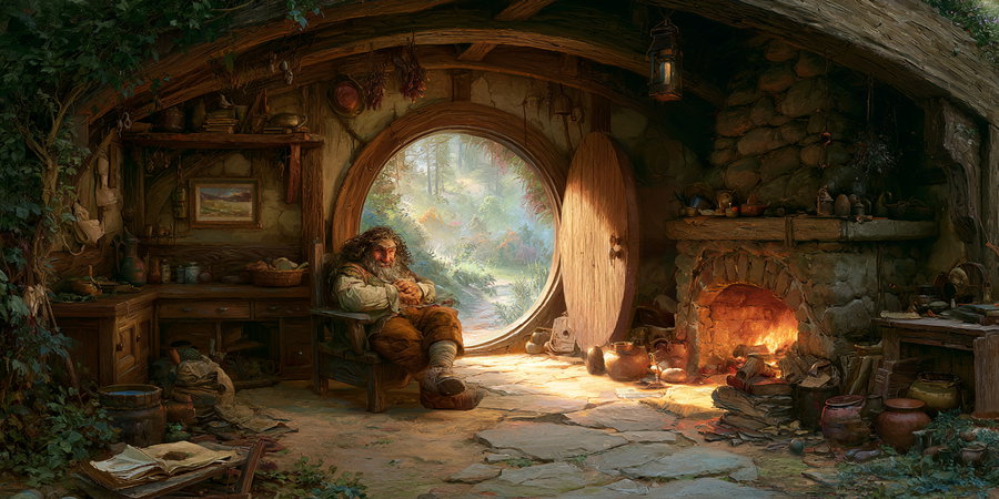 A cozy rustic room with stone walls and wooden beams, featuring a round wooden door open to a lush garden, a man with curly hair and beard sitting on a wooden chair, a lit fireplace with pots and logs, and shelves filled with jars, kitchenware, and books.
