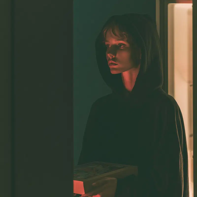 Woman in dark hooded sweatshirt holding a box in moody lighting