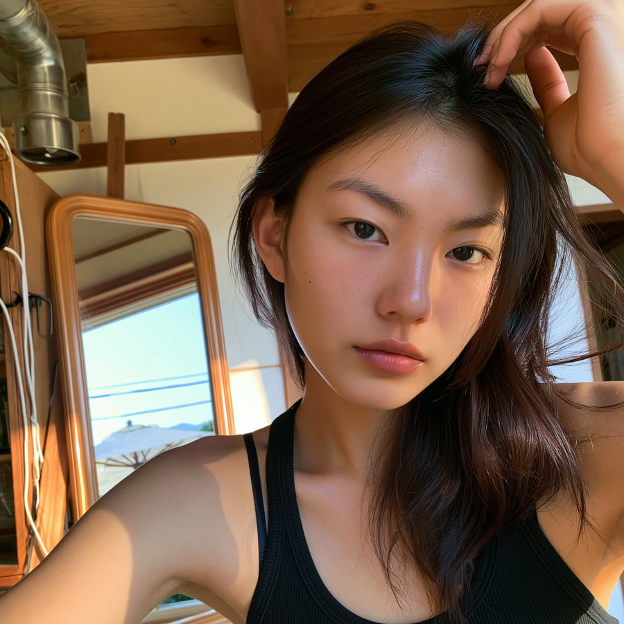 A close-up image of a woman with clear skin and straight dark hair, wearing a black tank top, indoors near a wooden framed mirror and ceiling beams, sunlight casting shadows on her face and shoulder.