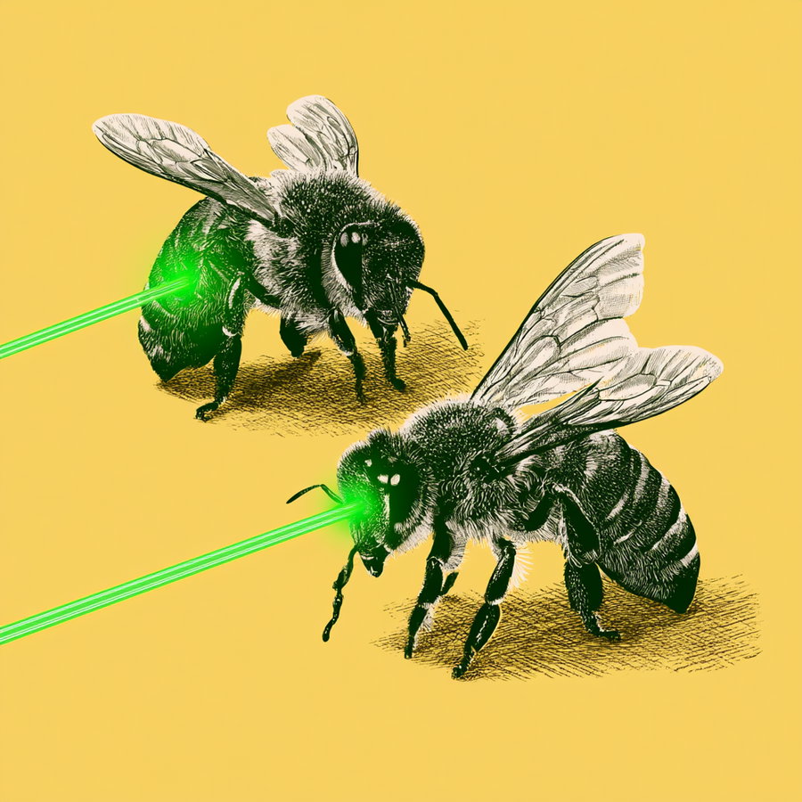 Two detailed black and white bees on a yellow background emitting bright green laser beams from their eyes and abdomen