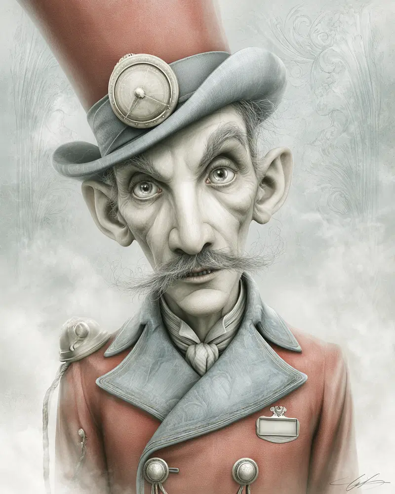 Surreal portrait of a man in a steampunk-inspired outfit and tall hat