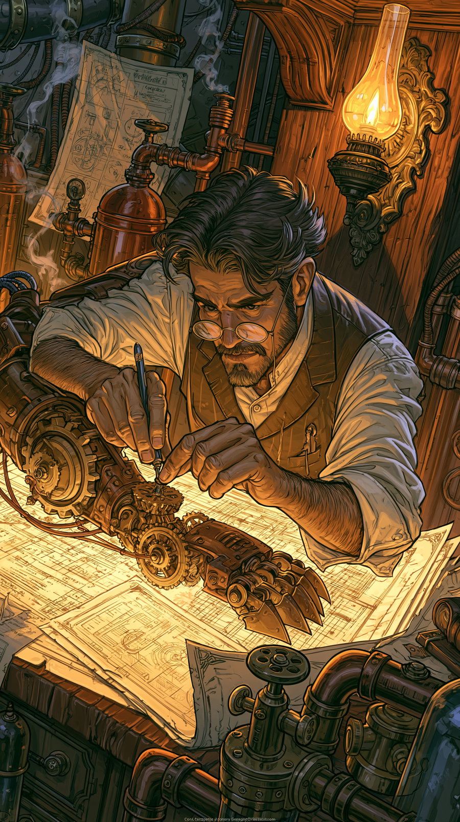 A focused man with glasses is working meticulously on assembling a mechanical arm with gears and metal parts, surrounded by detailed blueprints, pipes, and vintage steampunk machinery under warm lighting.