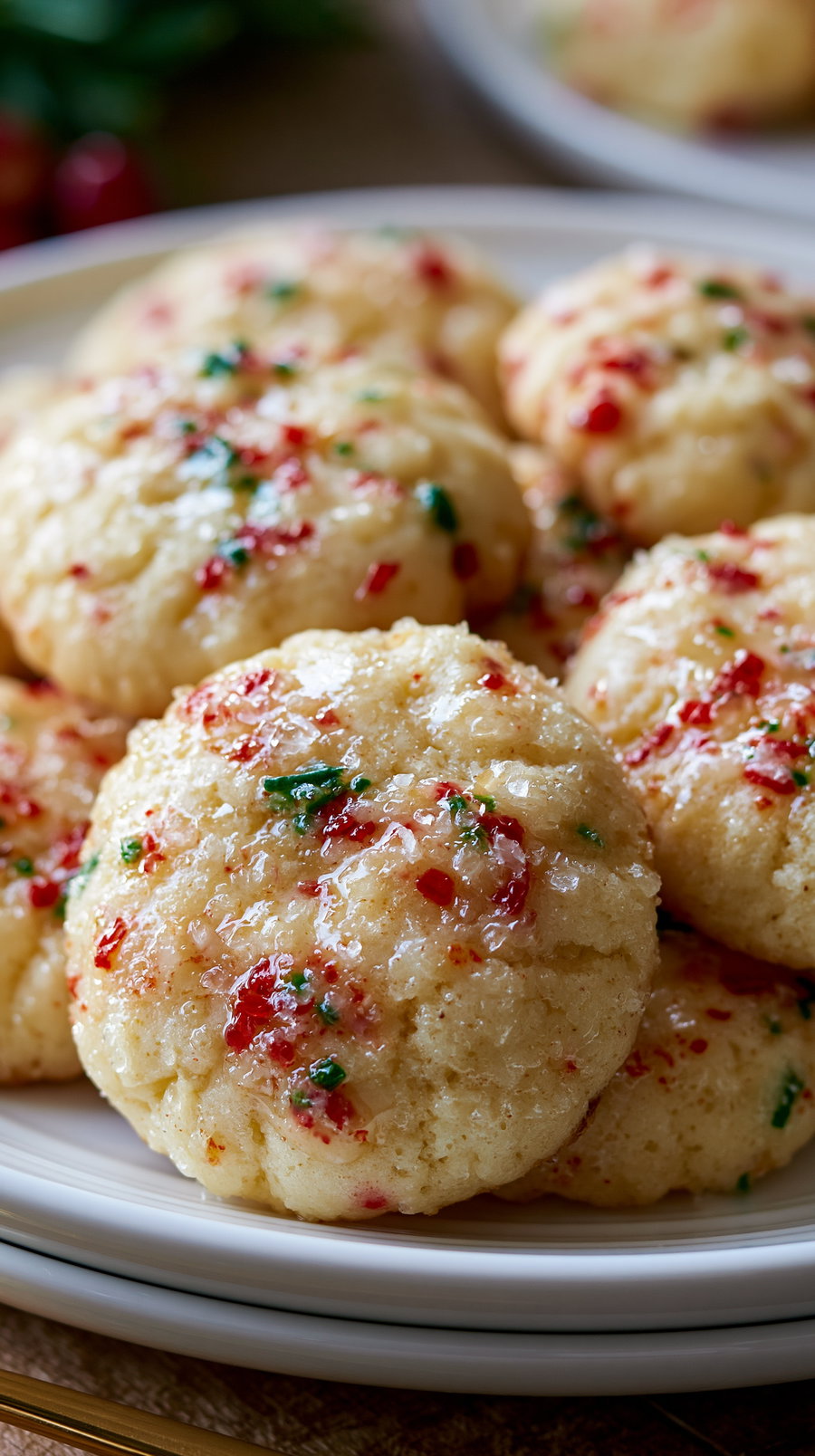 A close-up image of light-colored cookies with red and green sprinkles placed on stacked white plates, with a blurred background