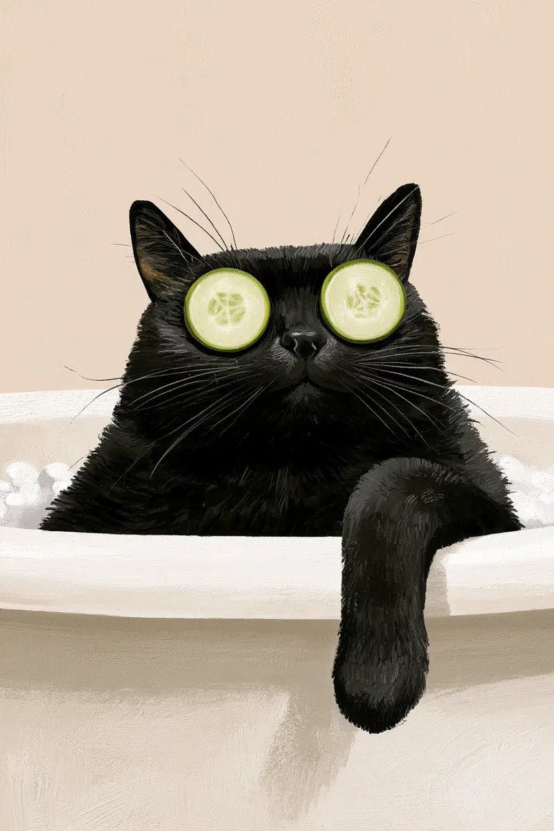 Black cat relaxing in bathtub with cucumber slices on eyes