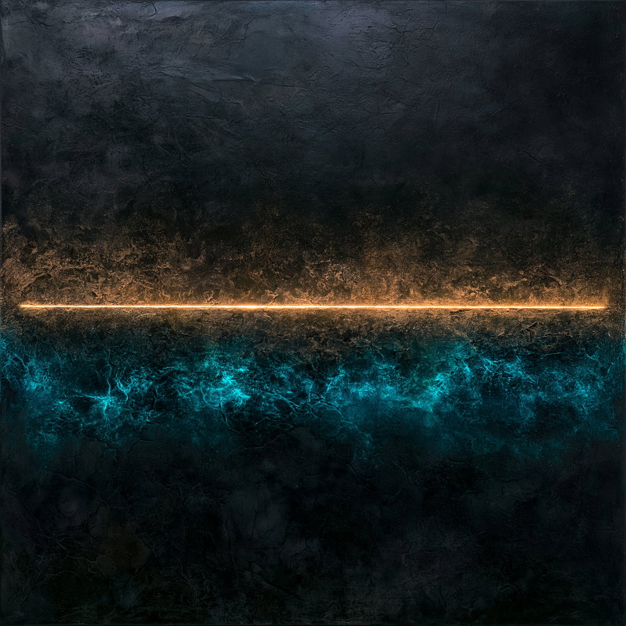 An abstract artwork featuring a dark textured background with a glowing thin horizontal orange line above vivid blue textured areas, creating contrast and depth.