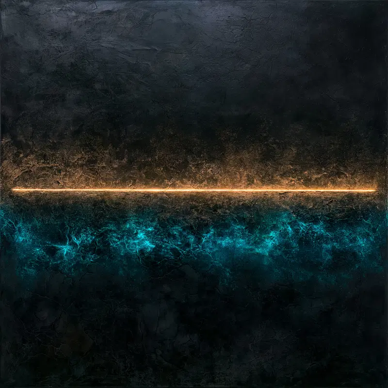 Dark textured abstract art with glowing horizontal line and blue accents