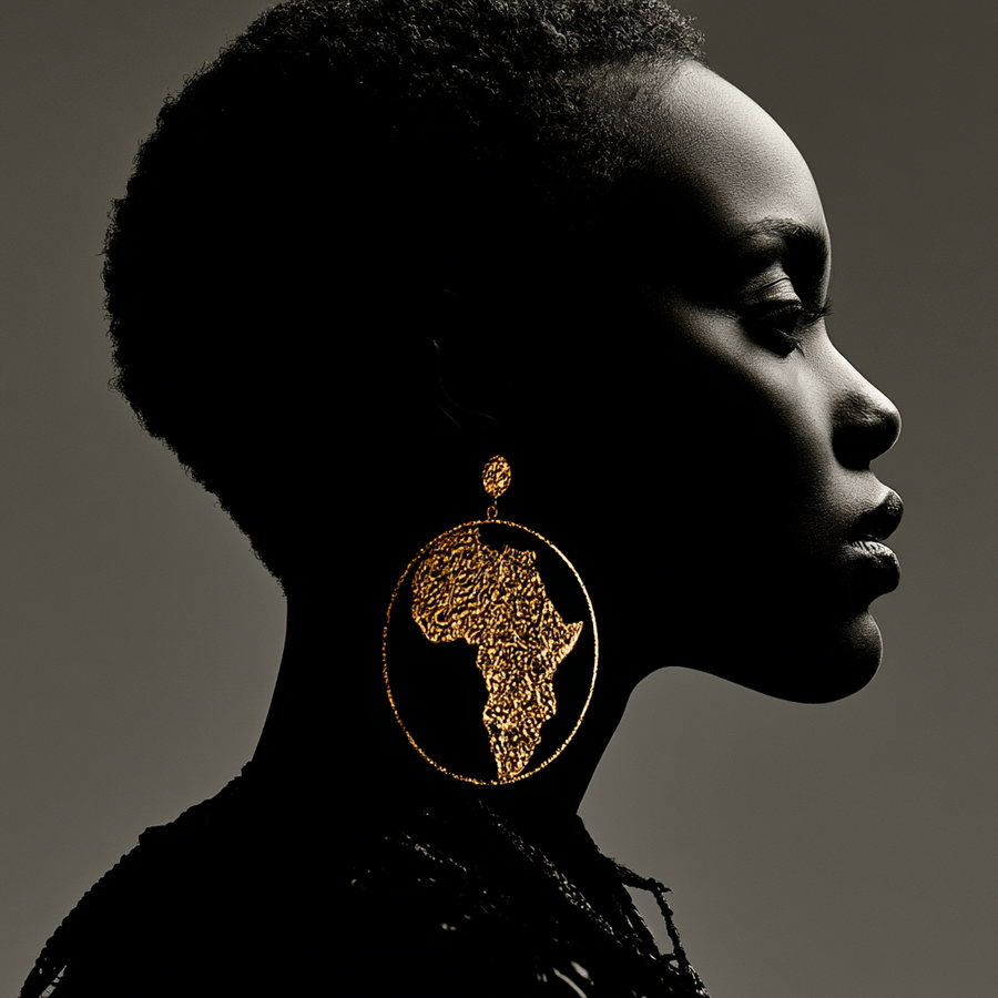 silhouette profile of a woman with short curly hair wearing large golden earrings shaped like the continent of Africa, set against a neutral background
