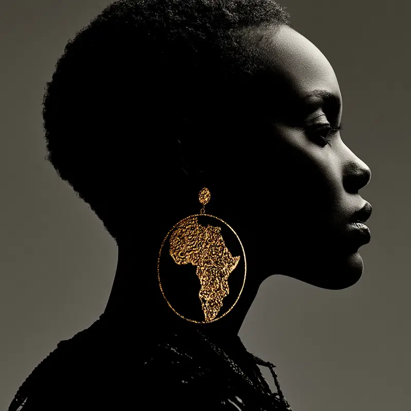 Profile of a woman with gold Africa map earrings in dramatic lighting