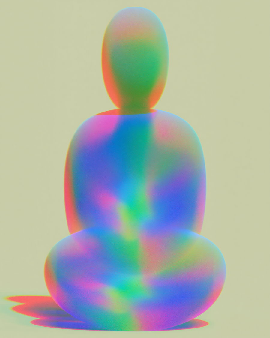 A smooth, rounded, abstract humanoid figure in a seated meditation pose with vibrant, blended colors of blue, green, pink, and red on a plain light beige background.