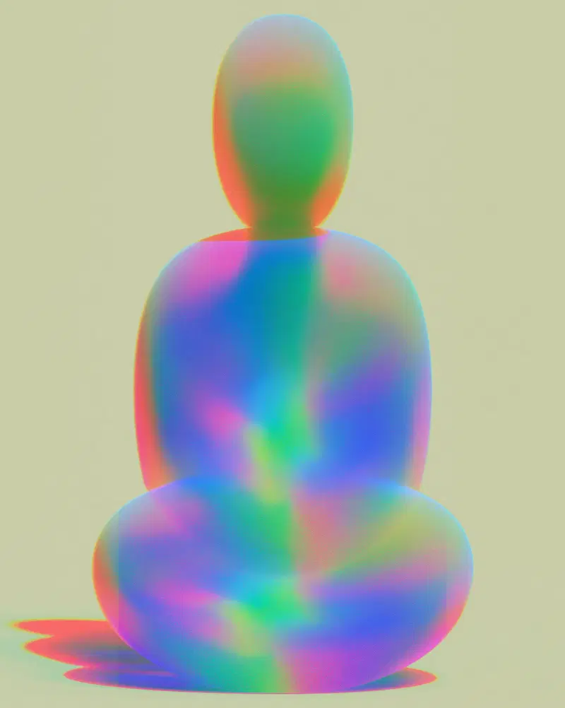 Abstract colorful translucent figure seated in meditation pose on neutral background