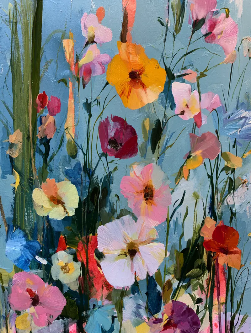 Colorful hand-painted floral artwork with abstract flowers and foliage