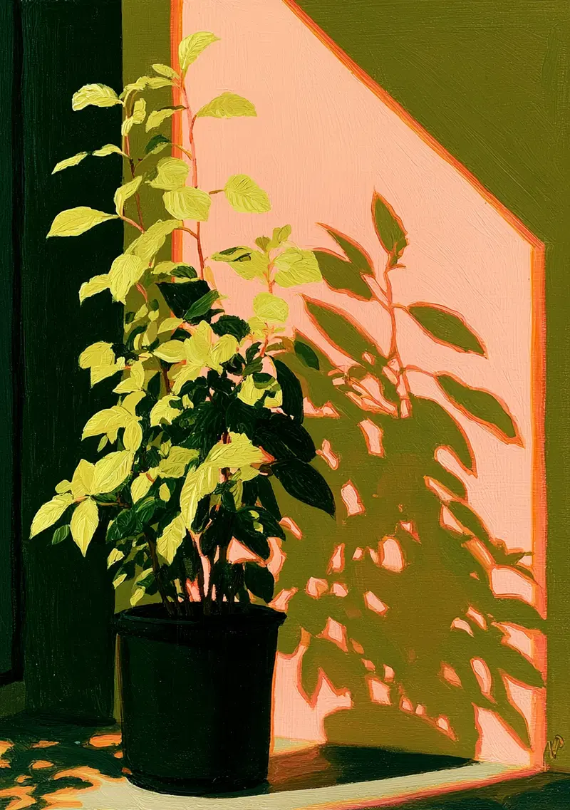 Painting of a potted plant casting a shadow on an angular pink and green background