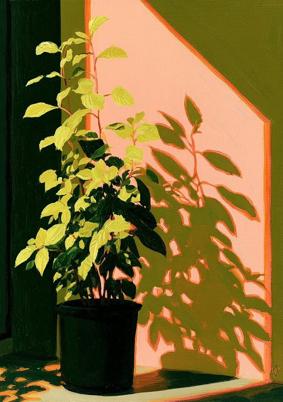An oil painting of a green leafy plant in a black pot, with bright shadows cast on a pink and green wall behind it, featuring bold, textured brush strokes.
