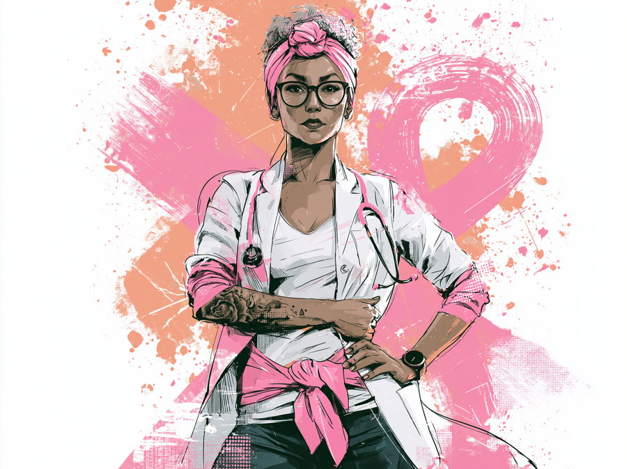 Artistic illustration of a confident woman doctor wearing glasses, a headband, and a white coat with a stethoscope, posing with crossed arms. The background features abstract pink and peach brush strokes and splatters.