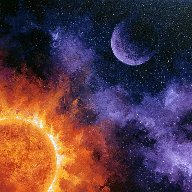 Vivid cosmic painting of sun and purple planet in starry space