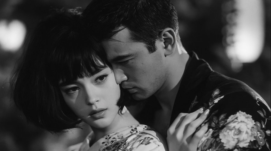 A black and white photo showing a young man and woman close together, the man nuzzling the side of the woman's face while she looks away thoughtfully, the man wearing a patterned shirt