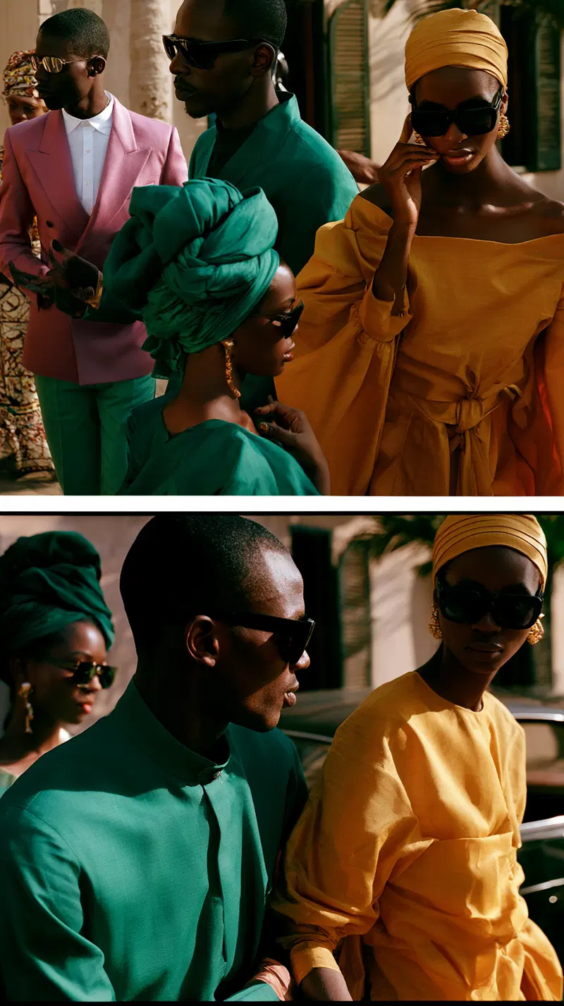 Elegant outdoor fashion scene with models in vibrant stylish outfits and sunglasses