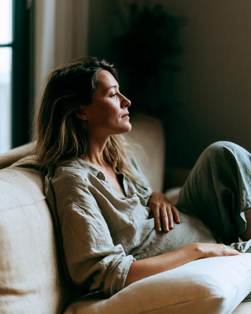 Calm and contemplative woman resting on a sofa in natural light
