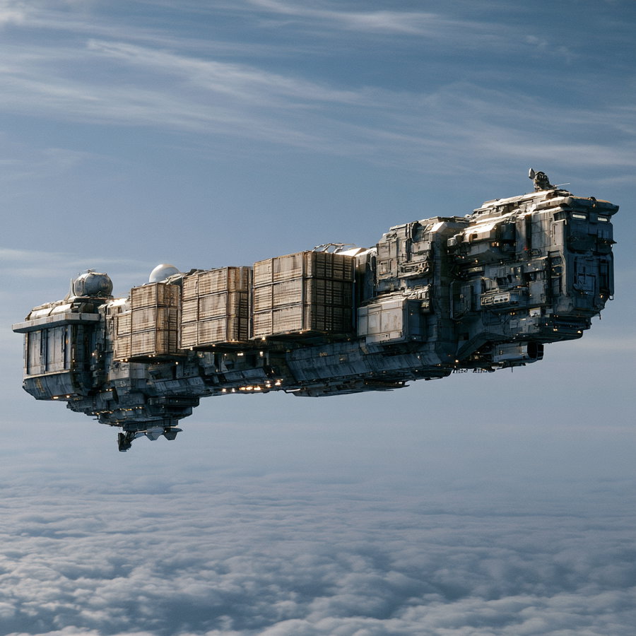 A detailed futuristic cargo spaceship with large containers flying above clouds under a blue sky