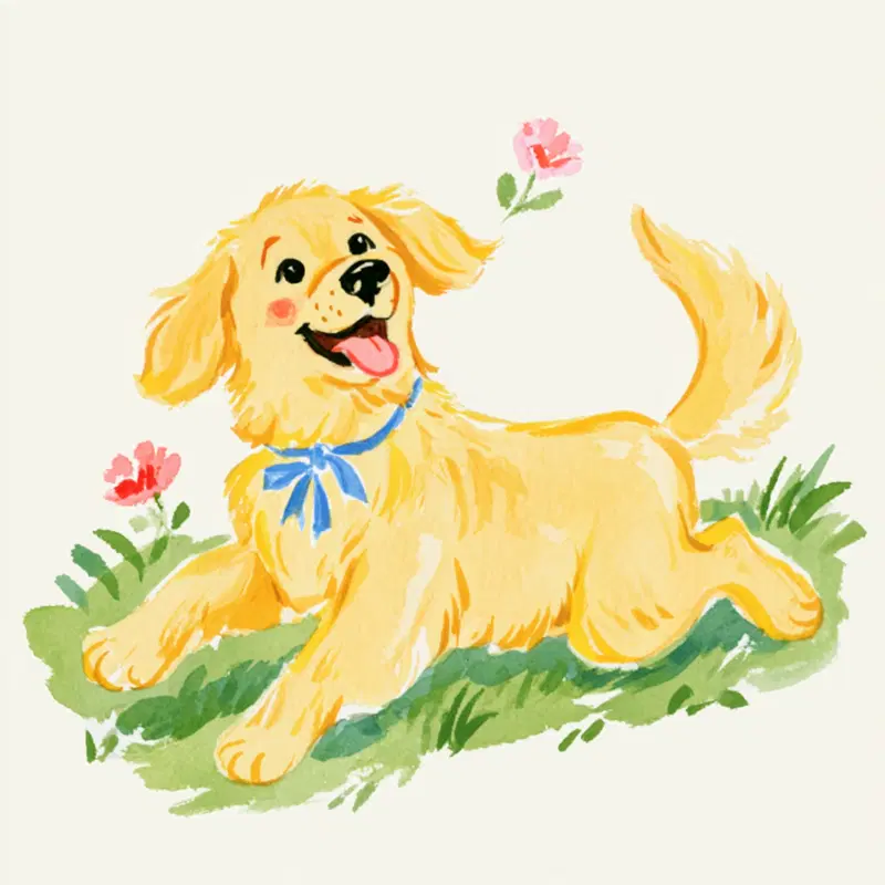 Watercolor illustration of a happy golden retriever puppy with flowers