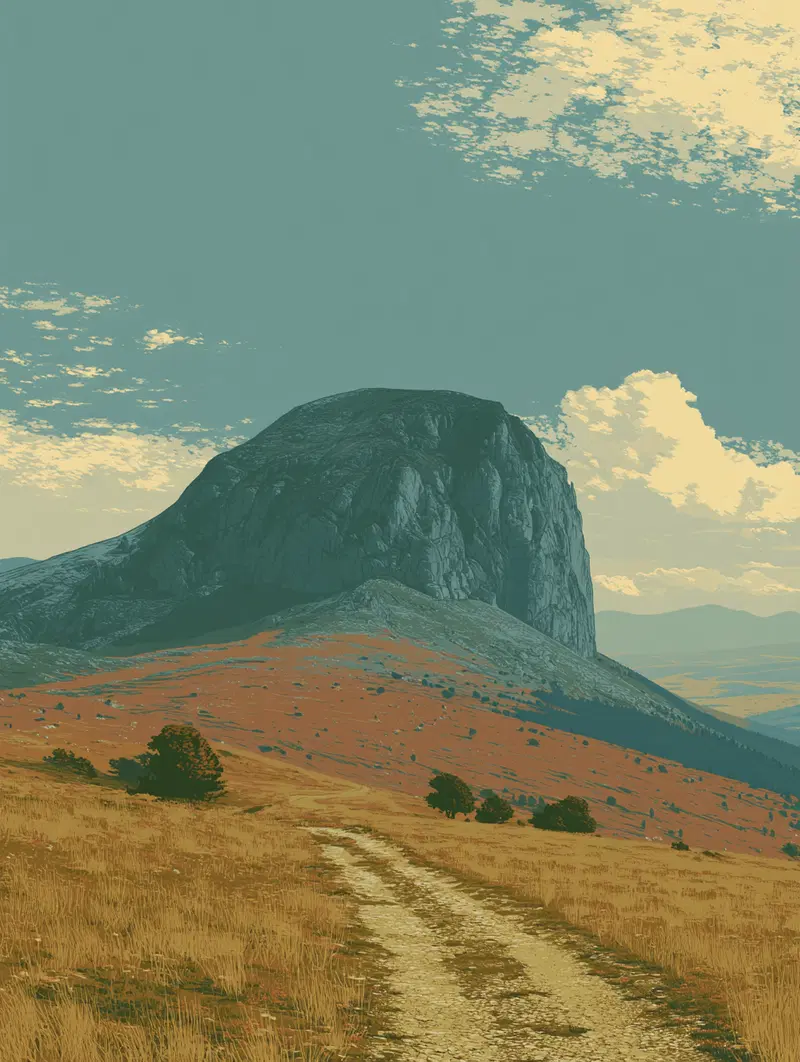 A rugged mountain with a dirt path leading through a golden meadow under a partly cloudy sky