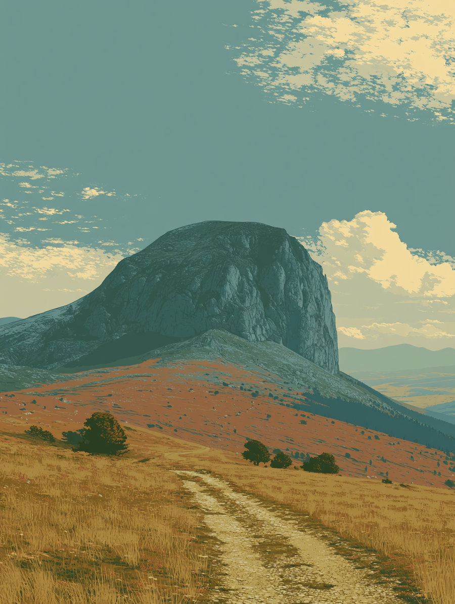 A dirt path runs through a dry grassy field towards a large rocky hill with steep cliffs, under a sky with scattered clouds.