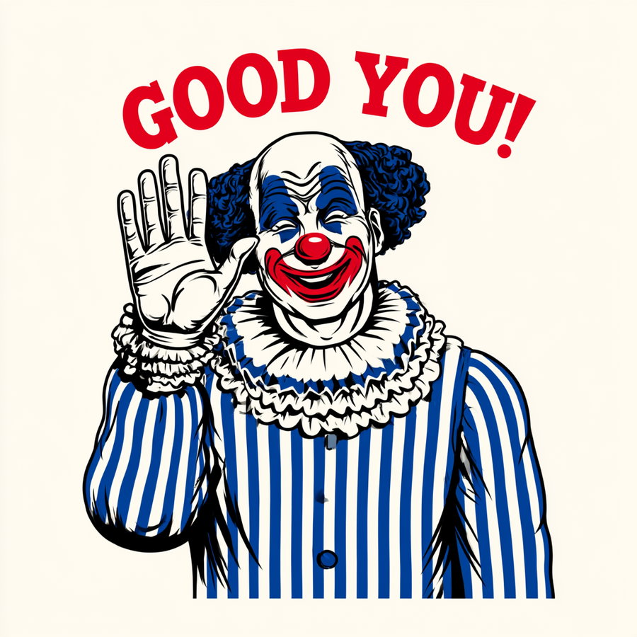 Illustration of a clown in blue and white striped costume waving with a red nose and face paint, with text that reads GOOD YOU above